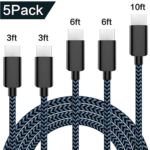 USB Type C Cable 5Pack (3/3/6/6/10FT) Nylon Braided